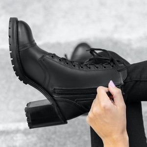 Thursday Rebel Black Leather Heeled Combat Boots